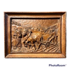 Vintage Signed & Numbered H Mariot Hand Carved Single Block 3D Farmers & Horses